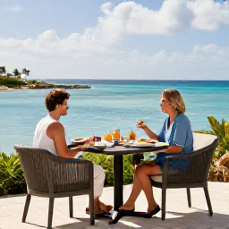 Caribbean Holidays, January Getaway, Couple enjoying a quiet breakfast at a stylish adults-only hotel terrace overlooking a Caribbean bay in January