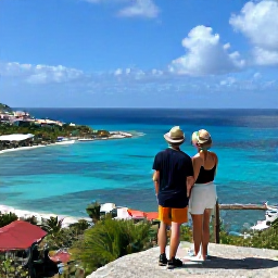 Caribbean Holidays, January Getaway, Couple exploring a scenic coastal viewpoint in Sint Maarten during a sunny January holiday, with turquoise bays below