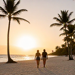 Caribbean Holidays, January Getaway, Couple walking along a quiet Cayman Islands beach at sunset, palm trees and warm golden light