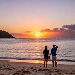 Caribbean Holidays, January Getaway, Couple watching a colourful Caribbean sunset from a quiet beach on Saint Martin and Sint Maarten in January