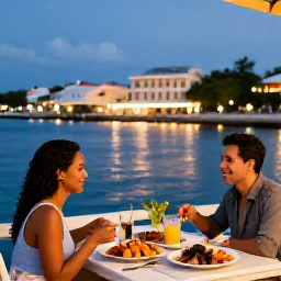 Caribbean Holidays, January Getaway, Relaxed evening in George Town, Grand Cayman, with a couple enjoying local seafood at a waterfront restaurant