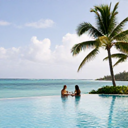Caribbean Holidays, January Getaway, Stylish adults-only resort in the Cayman Islands with an infinity pool, palm trees and a couple dining beside the water