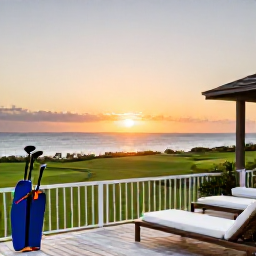 Caribbean Holidays, January Golf Holidays, A comfortable Bermuda hotel with a terrace overlooking the sea at sunset, with golf clubs nearby