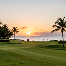 Caribbean Holidays, January Golf Holidays, A comfortable Saint Lucia resort overlooking a tropical bay at sunset, with golfers returning from the course and palm-fringed gardens