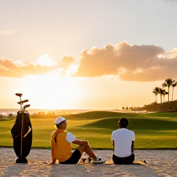 Caribbean Holidays, January Golf Holidays, A couple relaxing beside a Barbados beach at sunset after a day of golf, with golf clubs nearby and warm golden light