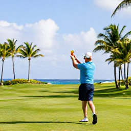 Caribbean Holidays, January Golf Holidays, A friendly golfer relaxing after a round at a Caribbean resort in Saint Lucia, with a drink, palm trees and a view towards the sea