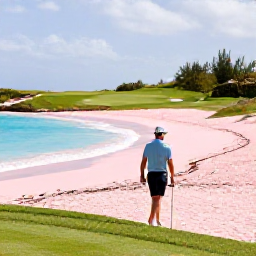 Caribbean Holidays, January Golf Holidays, A golfer enjoying a leisurely walk beside Bermuda's pink-sand coastline after a morning round