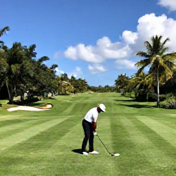 Caribbean Holidays, January Golf Holidays, A golfer preparing a shot on a bright Tobago golf course surrounded by tropical vegetation and Caribbean scenery