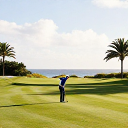 Caribbean Holidays, January Golf Holidays, A golfer preparing for a round beside a well-kept Bermuda fairway, with soft winter sunlight and coastal scenery