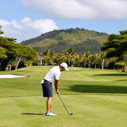 Caribbean Holidays, January Golf Holidays, A golfer preparing to tee off on a well-kept Trinidad golf course surrounded by green hills and tropical trees