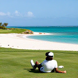 Caribbean Holidays, January Golf Holidays, A golfer relaxing beside a turquoise Caribbean beach after playing golf in Turks and Caicos