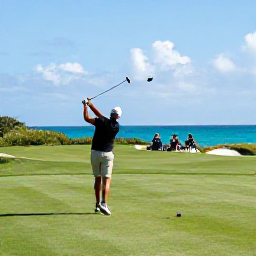 Caribbean Holidays, January Golf Holidays, A golfer teeing off on a scenic Bermuda course overlooking turquoise water, with a relaxed group enjoying a January golf break