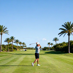 Caribbean Holidays, January Golf Holidays, A golfer teeing off on a sunny Caribbean golf course in Turks and Caicos during January, with palm trees and clear blue sky