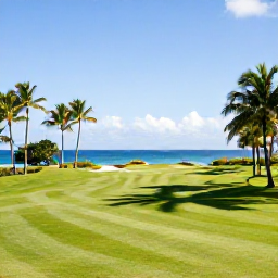 Caribbean Holidays, January Golf Holidays, A panoramic view of a tropical Saint Lucia golf course beside the Caribbean Sea in bright January sunshine, with palm trees and green fairways