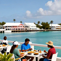 Caribbean Holidays, January Golf Holidays, A relaxed Bermuda harbour scene in January with golfers enjoying lunch at a waterside restaurant near pastel houses and turquoise water