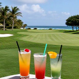 Caribbean Holidays, January Golf Holidays, A relaxed Caribbean golf holiday scene with clubs, tropical drinks and a green fairway overlooking the coast of Trinidad and Tobago