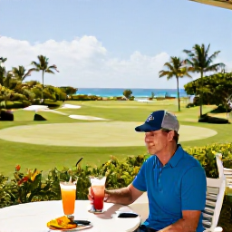 Caribbean Holidays, January Golf Holidays, A relaxed golfer enjoying a drink at a Barbados clubhouse terrace after a round, with palm trees and a coastal view
