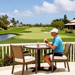 Caribbean Holidays, January Golf Holidays, A relaxed golfer enjoying a post-round drink at a Caribbean resort terrace overlooking a tropical landscape