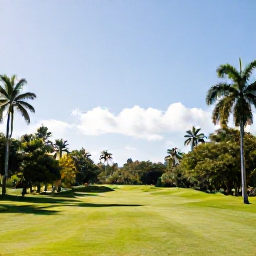 Caribbean Holidays, January Golf Holidays, A scenic Caribbean golf course in Trinidad with palm trees, lush tropical vegetation and bright January sunshine