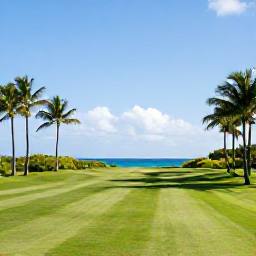 Caribbean Holidays, January Golf Holidays, A sunny Barbados golf course beside the Caribbean Sea in January, with palm trees, green fairways and blue skies