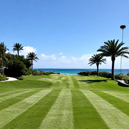 Caribbean Holidays, January Golf Holidays, A sunny Bermuda golf course beside the Atlantic Ocean in January, with palm trees, green fairways and a clear blue sky