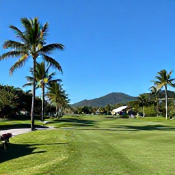 Caribbean Holidays, January Golf Holidays, A sunny Caribbean golf course in Trinidad with palm trees, lush fairways and distant hills under a clear January sky