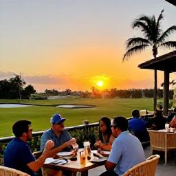 Caribbean Holidays, January Golf Holidays, An outdoor Caribbean restaurant in Providenciales at sunset, with diners enjoying a relaxed January evening after golf