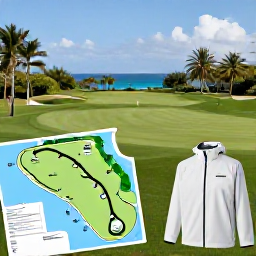 Caribbean Holidays, January Golf Holidays, Bermuda golf holiday planning scene with golf clubs, a course map, light waterproof clothing and ocean scenery in the background