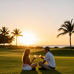 Caribbean Holidays, January Golf Holidays, Couple enjoying sunset drinks beside a Caribbean beach on Grand Cayman after a day of golf, warm evening light and palm trees