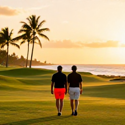 Caribbean Holidays, January Golf Holidays, Couple walking from a Grand Cayman golf course towards a sandy beach at sunset, with palm trees and warm light