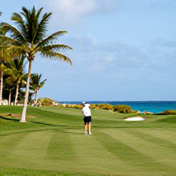 Caribbean Holidays, January Golf Holidays, Golfer playing on a lush Caribbean fairway beside palm trees and a blue sea on Grand Cayman