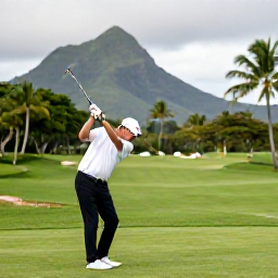 Caribbean Holidays, January Golf Holidays, Golfer preparing to tee off on a lush Puerto Rico fairway with mountains and palm trees in the background