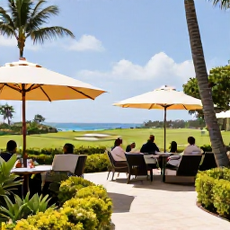 Caribbean Holidays, January Golf Holidays, Golfers relaxing at an outdoor clubhouse terrace on Grand Cayman, tropical garden, cold drinks and distant Caribbean sea
