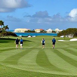 Caribbean Holidays, January Golf Holidays, Golfers walking across a manicured Bermuda fairway in soft winter sunshine, with ocean views and pastel-coloured houses in the distance