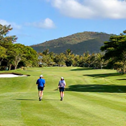 Caribbean Holidays, January Golf Holidays, Golfers walking along a lush fairway on a Saint Lucia course, with tropical vegetation, hills and blue sky in the background
