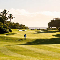 Caribbean Holidays, January Golf Holidays, Golfers walking along a well-kept Barbados fairway under warm morning sunlight, with tropical vegetation and distant ocean views