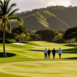 Caribbean Holidays, January Golf Holidays, Golfers walking beside a well-kept tropical fairway in Trinidad, with warm sunshine, palm trees and green hills