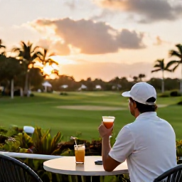 Caribbean Holidays, January Golf Holidays, Relaxed golfer enjoying a drink at a Puerto Rico clubhouse terrace overlooking a green course at sunset