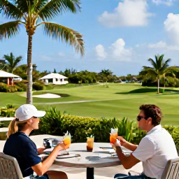 Caribbean Holidays, January Golf Holidays, Relaxed golfers enjoying a clubhouse terrace with tropical drinks, palm trees and Caribbean scenery in Grand Cayman
