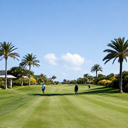 Caribbean Holidays, January Golf Holidays, Well-kept Caribbean golf course on Grand Cayman with palm trees, green fairways, blue sky and golfers walking between holes