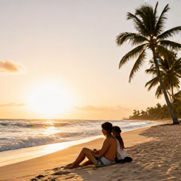 Caribbean Holidays, January Grenada, Couple relaxing on a Grenada beach at sunset with gentle waves, palm trees and warm golden light