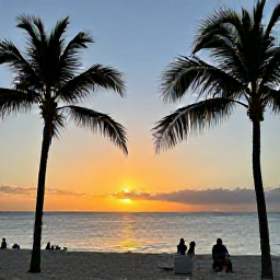 Caribbean Holidays, January Holidays, A calm Caribbean sunset viewed from a Saint Martin beach, warm golden light, palm silhouettes and travellers enjoying a peaceful January holiday