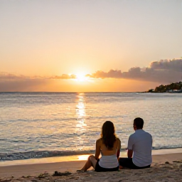 Caribbean Holidays, January Holidays, A couple enjoying a relaxed sunset by the Caribbean sea on Saint Martin, with a calm beach and warm evening light