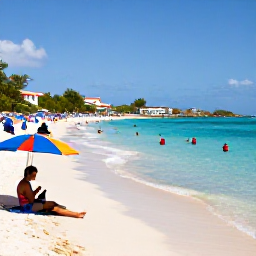 Caribbean Holidays, January Holidays, A picturesque Caribbean beach on Saint Martin with clear water, colourful umbrellas and visitors enjoying swimming and sunbathing