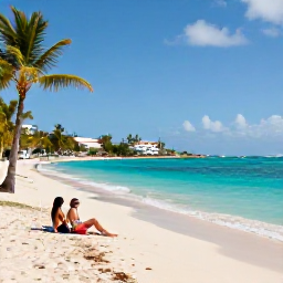 Caribbean Holidays, January Holidays, A sunny Caribbean beach on Saint Martin in January, turquoise sea, pale sand, palm trees and a relaxed couple enjoying the shoreline