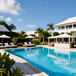 Caribbean Holidays, January Holidays, An elegant all-inclusive resort pool in Sint Maarten, sun loungers, tropical gardens, a swim-up bar and guests relaxing in January sunshine
