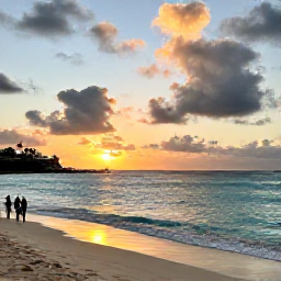 Caribbean Holidays, January Holidays, Calm Caribbean beach at sunset on Saint Martin, with warm sand, turquoise water and visitors enjoying a peaceful January evening