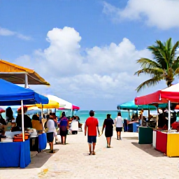 Caribbean Holidays, January Holidays, Colourful local market and waterfront scene in Providenciales, Turks and Caicos, with island food and friendly visitors