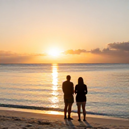 Caribbean Holidays, January Holidays, Couple watching the sunset from a quiet beach in Turks and Caicos, warm golden light over calm Caribbean water
