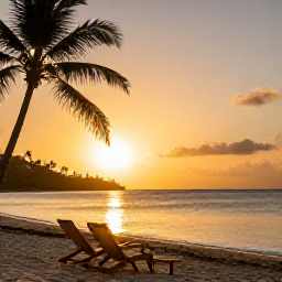 Caribbean Holidays, January Holidays, Golden Caribbean sunset over a quiet Trinidad and Tobago beach, with two deckchairs, palm silhouettes and calm waves